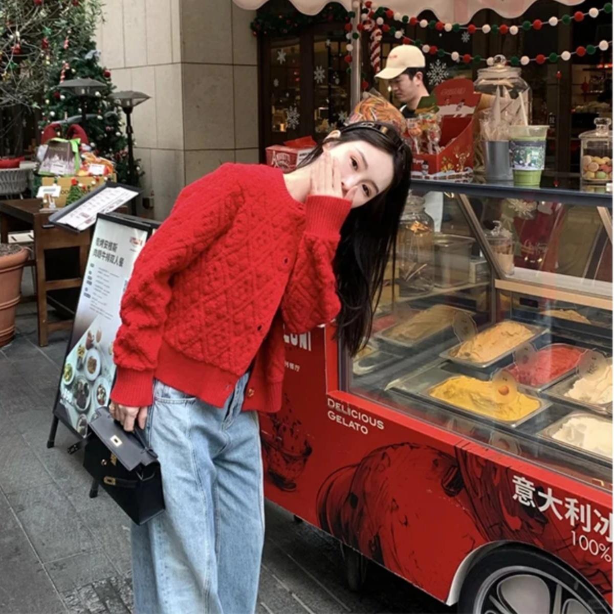 【赠送运费险】新年红色毛衣外套