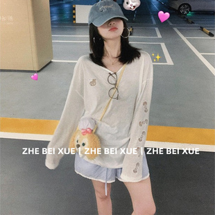 宽松薄款 甜美可爱风格 夏季 衣服圆领长袖 显瘦镂空kt猫上衣 防晒罩衫