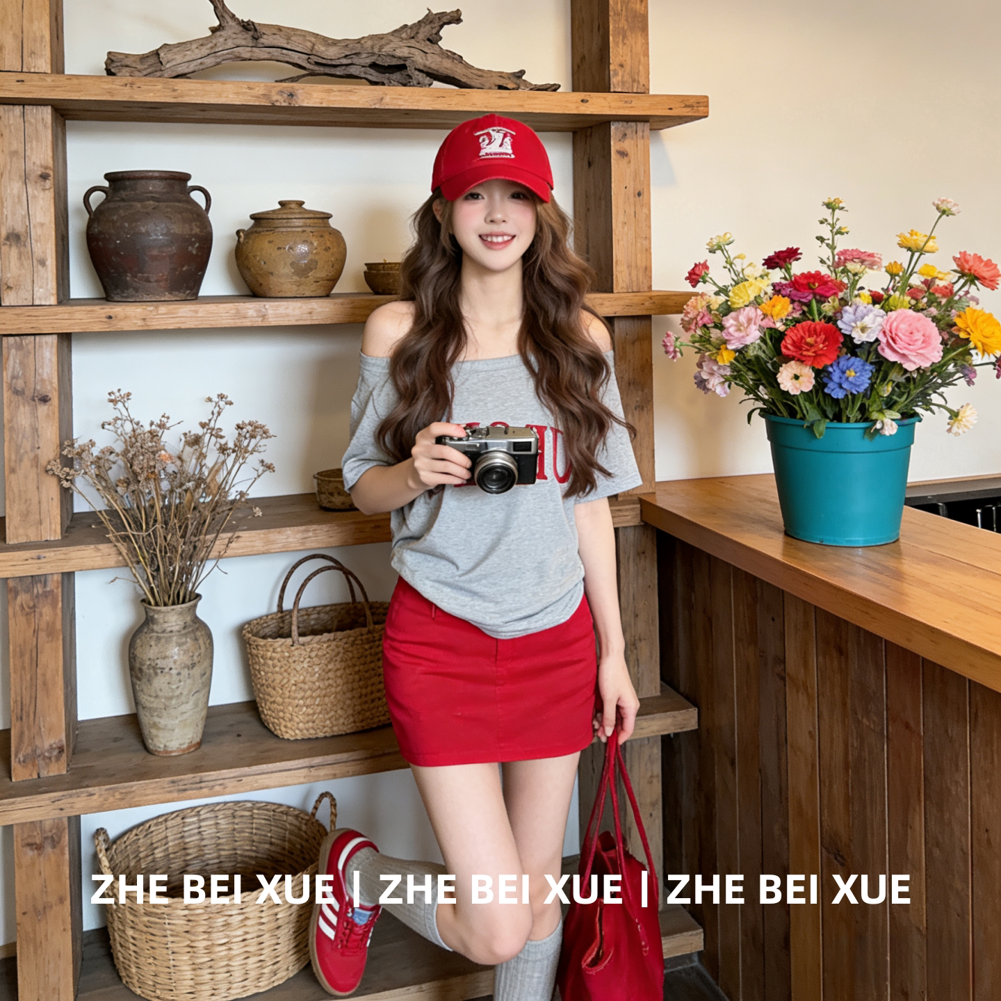 早春套装辣妹复古露肩短袖上衣女红色半身短裙淡人高知穿搭一整套