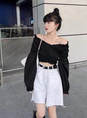 夏装搭配一整套女装夏季高级感黑色气质衬衫牛仔短裤又a又飒套装