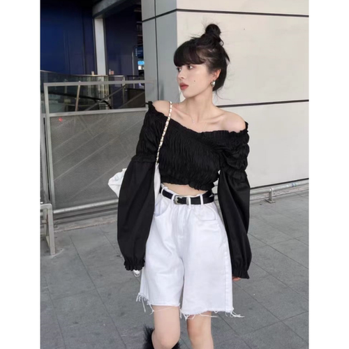 高级感黑色气质衬衫牛仔短裤套装
