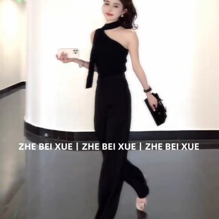 上衣休闲长裤 针织挂脖背心斜肩无袖 2025超火穿搭一整套 女夏季 套装