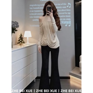 套装女纯欲气质轻熟风挂脖长袖上衣显瘦直筒裤独特漂亮冬装一整套