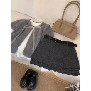 一整套ootd穿搭韩系慵懒风设计感灰色针织开衫 高腰显瘦半身裙套装