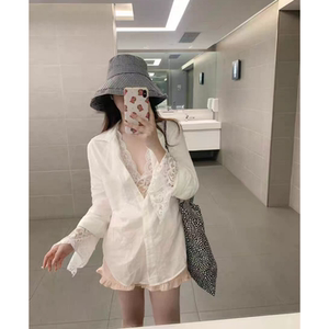 夏季套装女2024年新款性感纯欲法式蕾丝白色镂空内搭上衣长袖衬衫