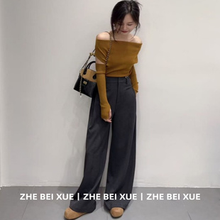 巨好看 套装 高腰灰色休闲裤 针织衫 早秋一整 女韩系橘色一字肩长袖