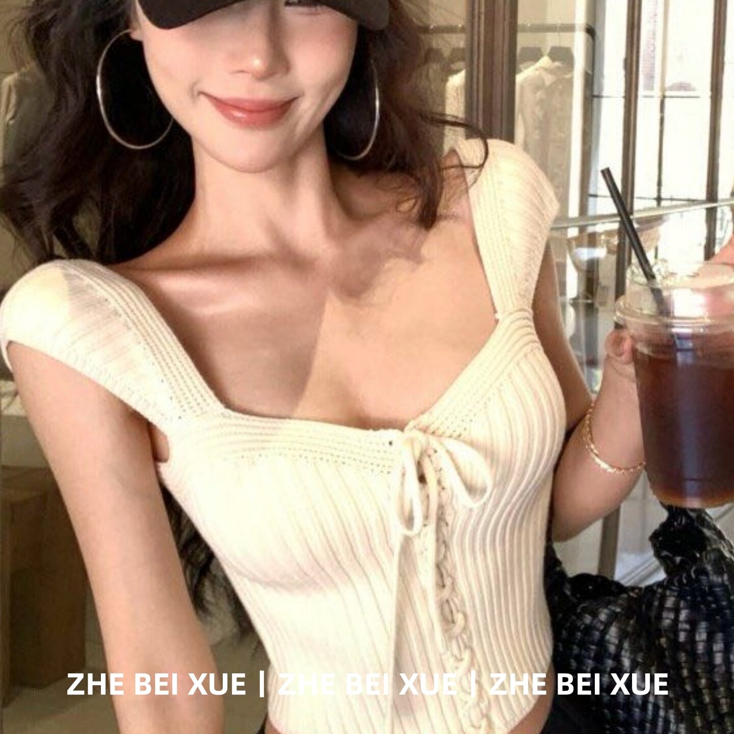 套装女杏色绑带方领短袖针织T恤上衣百搭长裤淡人高知穿搭一整套