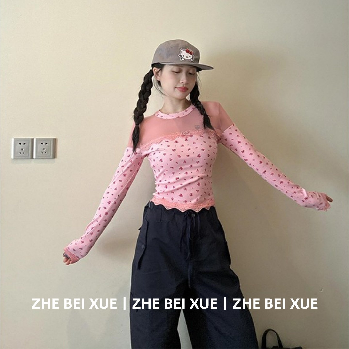 设计感粉色蝴蝶结蕾丝拼接碎花长袖T恤修身甜辣妹内搭打底衫上衣