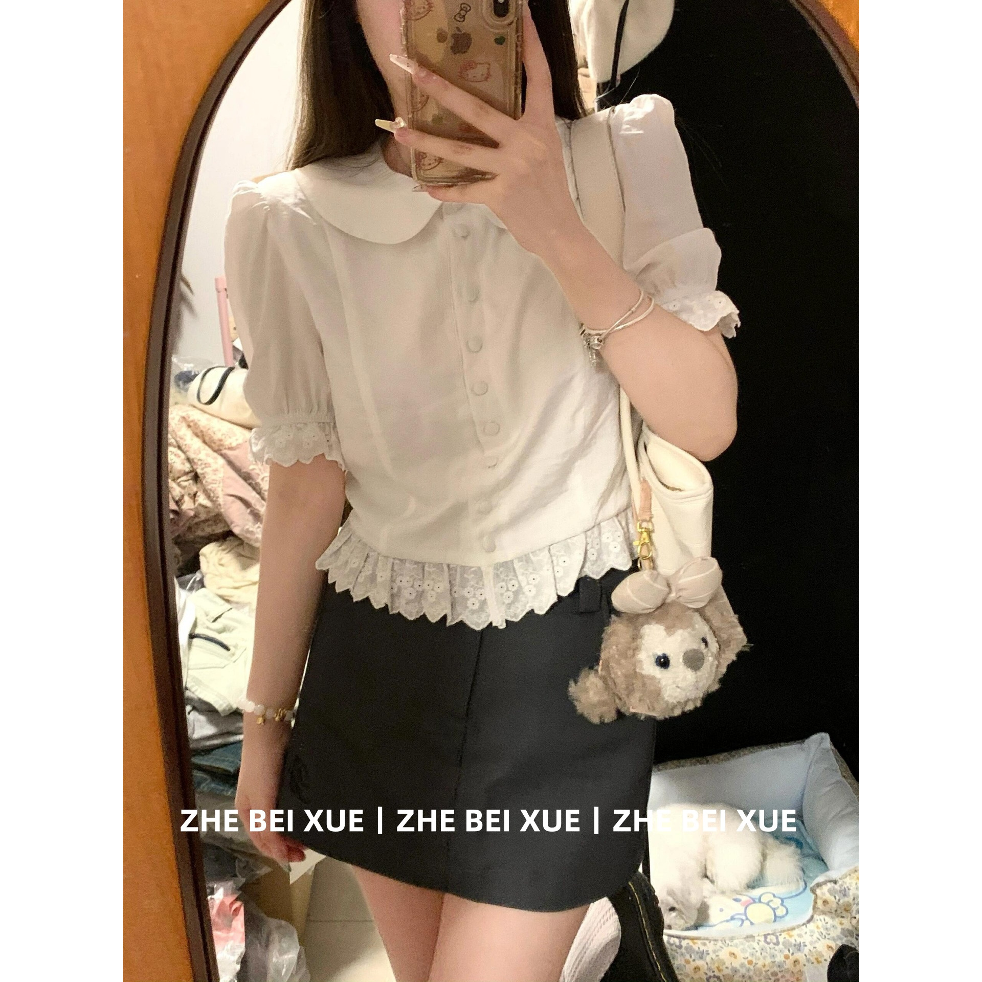 套装女夏季法式白色蕾丝薄款高级感短袖上衣a字半身短裙子两件套