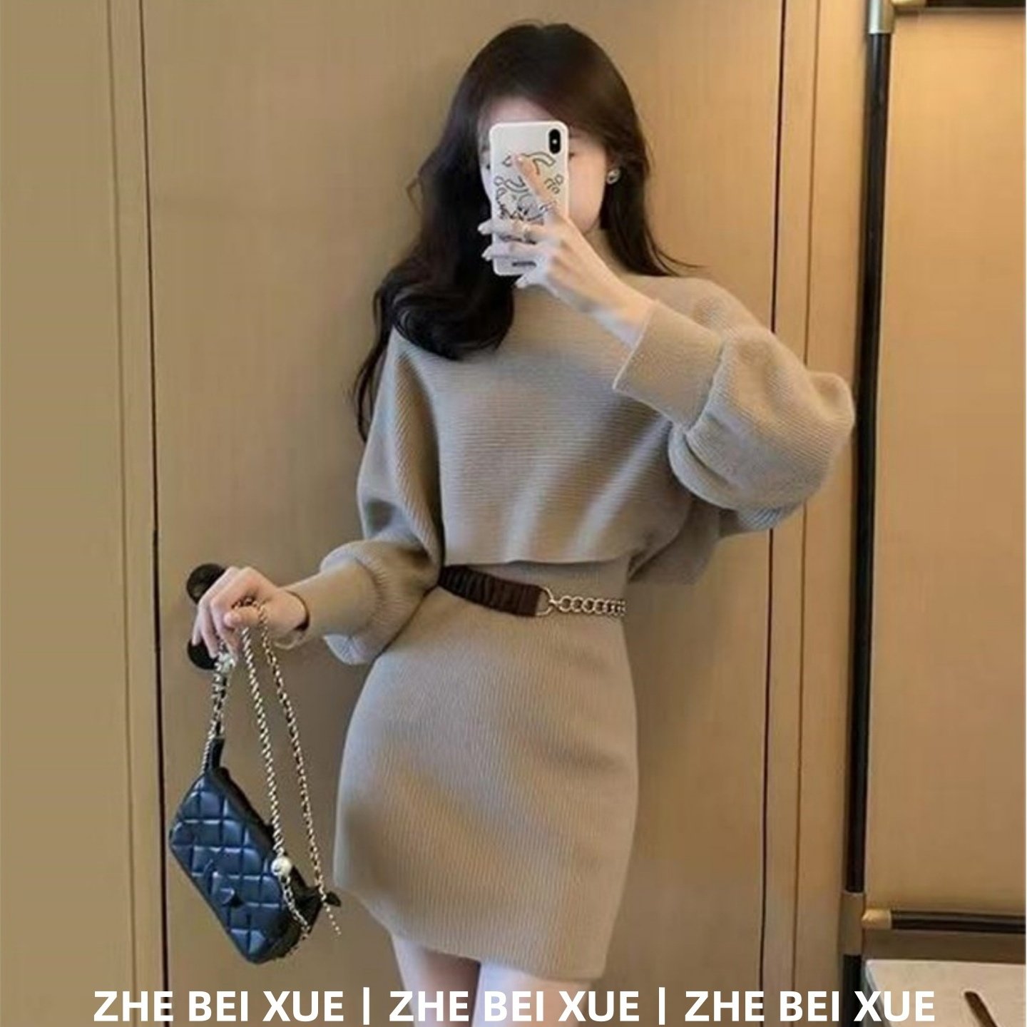 套装女法式卡其色长袖短款毛衣修身显瘦短裙子独特漂亮冬装一整套