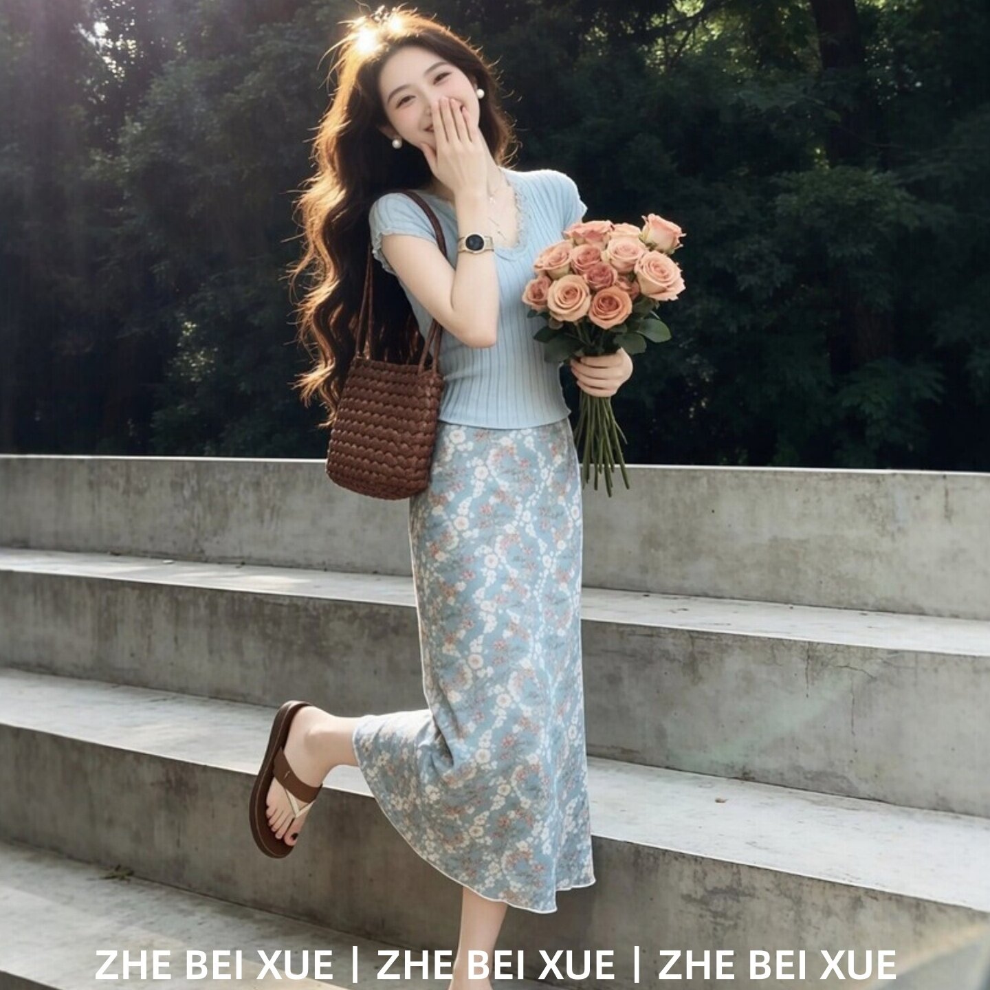 早春漂亮套装温柔减龄短袖针织上衣碎花半身裙淡人高知穿搭一整套