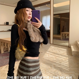 套装女高级感修身长袖针织上衣条纹针织半身裙独特漂亮冬装一整套