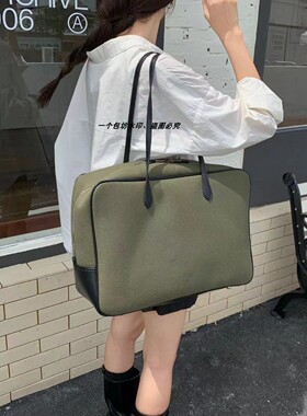 军绿色包包帆布拼皮波士顿包包大容量公文包通勤休闲极简风托特包