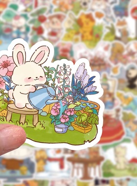 60张卡通小动物的一天贴纸创意可爱ins风装饰手机壳diy贴兔子熊猫