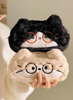 可爱ins眼镜猫咪笔袋大容量学生桌面收纳文具盒高颜值毛绒收纳袋