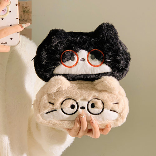 可爱ins眼镜猫咪笔袋大容量学生桌面收纳文具盒高颜值毛绒收纳袋