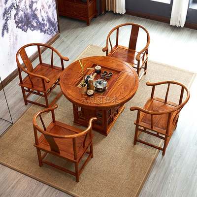红木茶桌组合椅花梨小户型刺猬紫檀泡茶台圆形茶几新中式实木家具