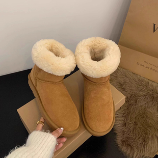 AUMU雪地靴女靴子加绒加厚皮毛一体平底高筒棉靴子冬季平底大棉鞋