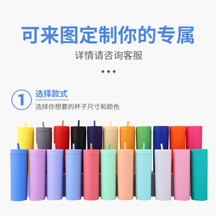 新款 双层塑料直筒杯磨砂手感16oz吸管杯AS橡胶漆塑料随