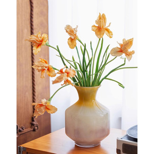 轻奢高级感琉璃花瓶摆件窄口黄色渐变中古客厅桌面插花装饰品摆设