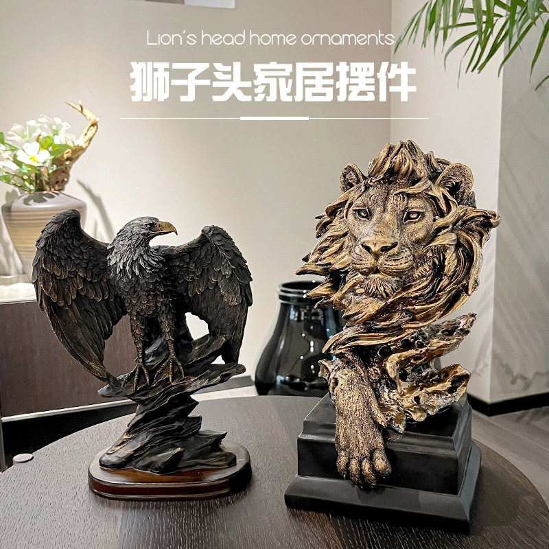 复古美式古风狮子头像树脂工艺品制品摆件玄关办公室酒柜软装装饰