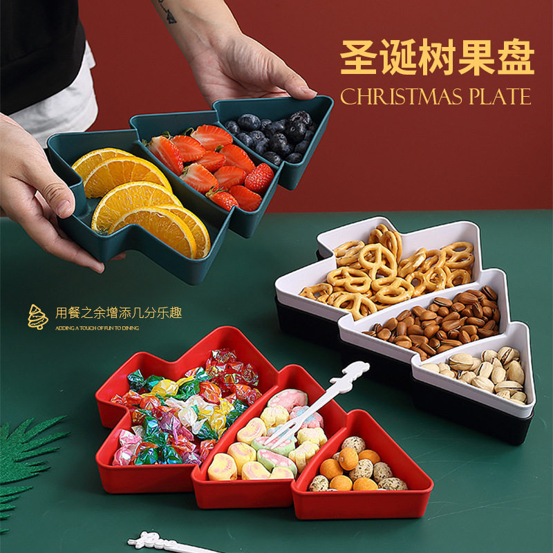 跨境创意圣诞树水果盘分格家用零食碟子塑料糖果干果瓜子收纳盒
