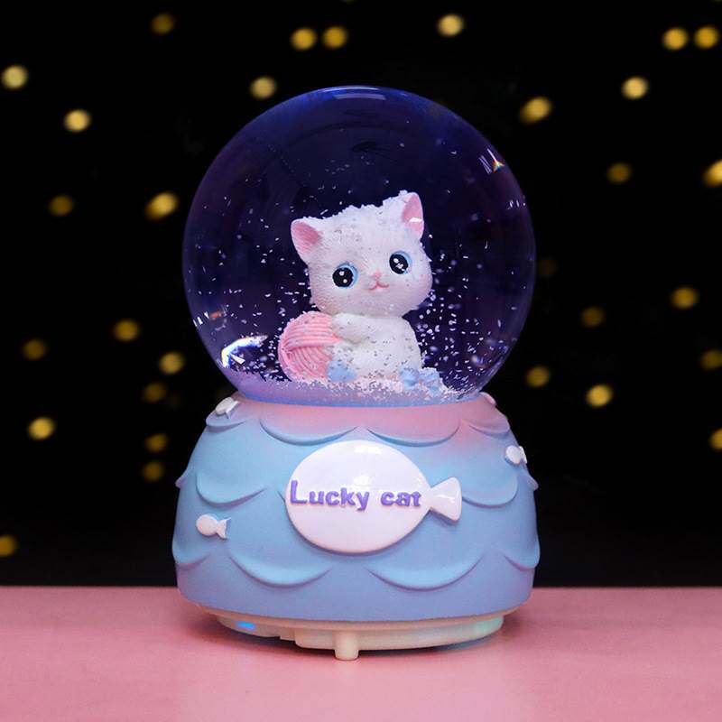 锦呈lucky萌猫水晶球音乐盒摆件 飘雪花音乐彩灯儿童学生礼品