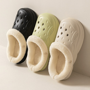 新款 情侣洞洞鞋加绒男款2024冬季室内防滑保暖厚底棉拖鞋女士外