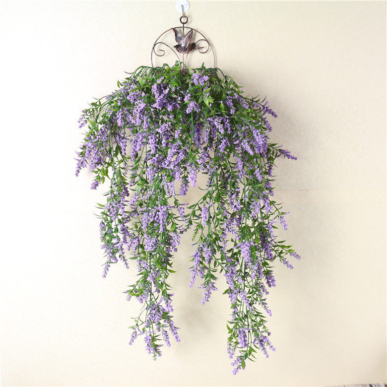仿壁挂假花塑料花客厅束装饰植物花篮藤条新款薰衣草壁挂花