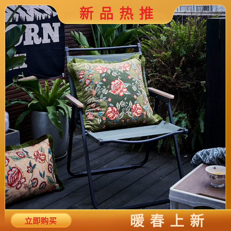 新品美式复古流苏印花抱枕套 植物花卉办公室沙发床头靠垫套