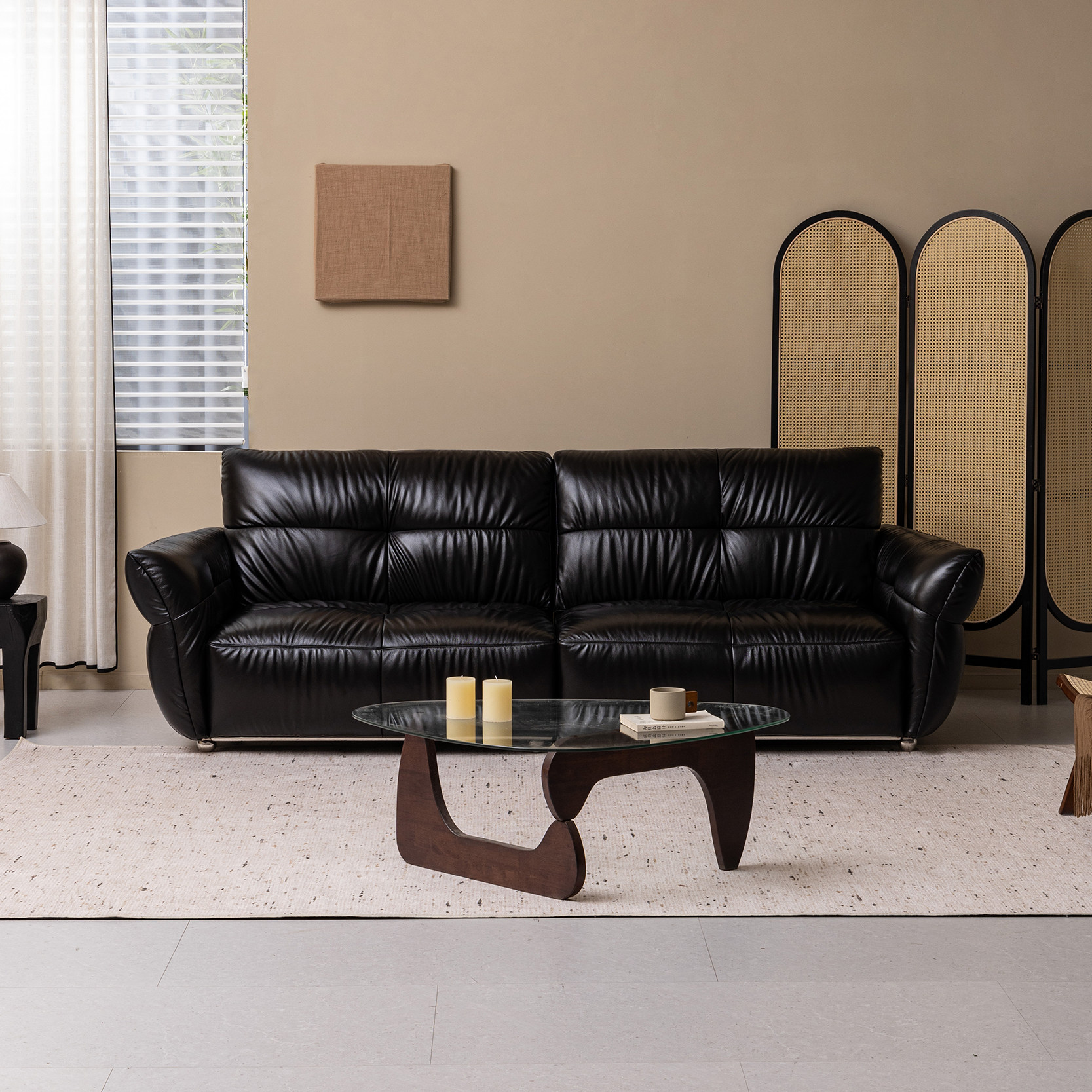 支吾黑珍珠皮艺真皮沙发客厅直排黑色中古风轻奢高级感2025新款