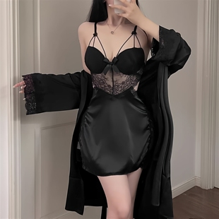 性感钢托聚拢胸垫睡衣女套装深V露背修身睡裙蕾丝镂空大码家居服
