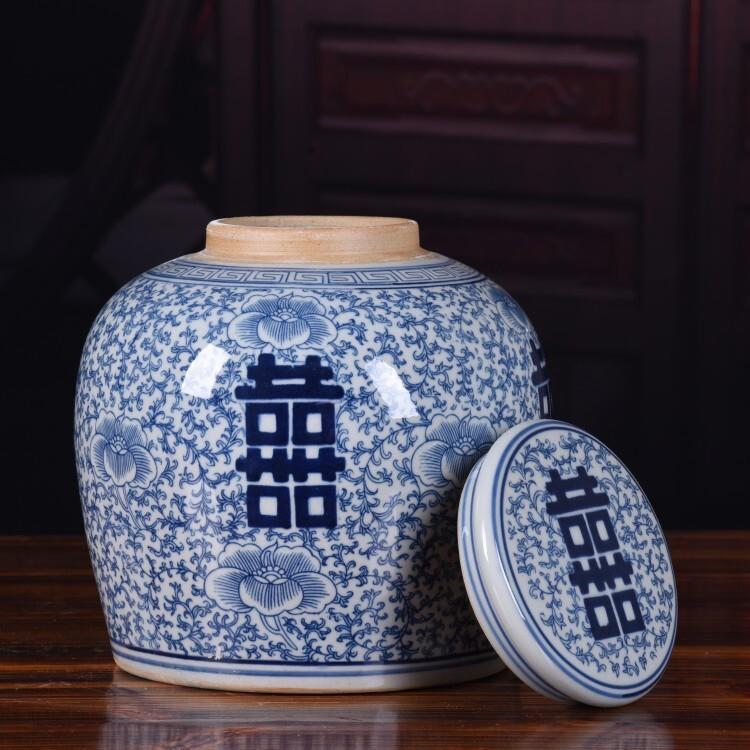景德镇青花瓷喜字罐陶瓷罐子密封储物罐家用老式喜字坛中药罐摆件