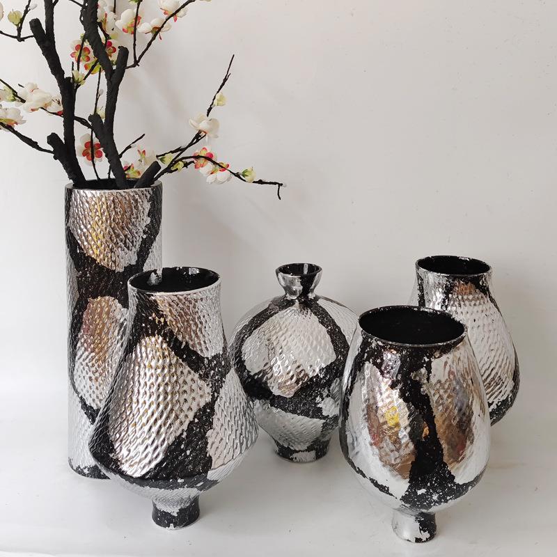 陶瓷花瓶新中式锡箔装饰拼色插花酒店售楼部博古架展示摆件