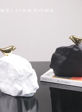 新中式创意摆件样板间玄关靠山石小鸟雕塑酒店客厅售楼处软装饰品