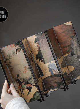 精选中古风书房桌面小屏风摆件复古创意侘寂风礼品古典漆器艺术工