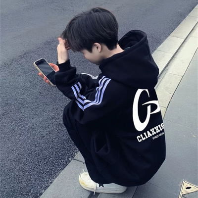美式重磅hiphop黑色三条杠连帽