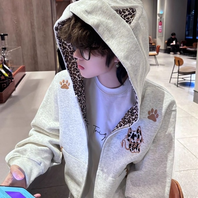 国潮卫衣男美式高街连帽拉链刺绣