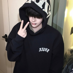 卫衣男款美式高街2025秋冬款新款国潮刺绣黑色单穿情侣款帽衫外套