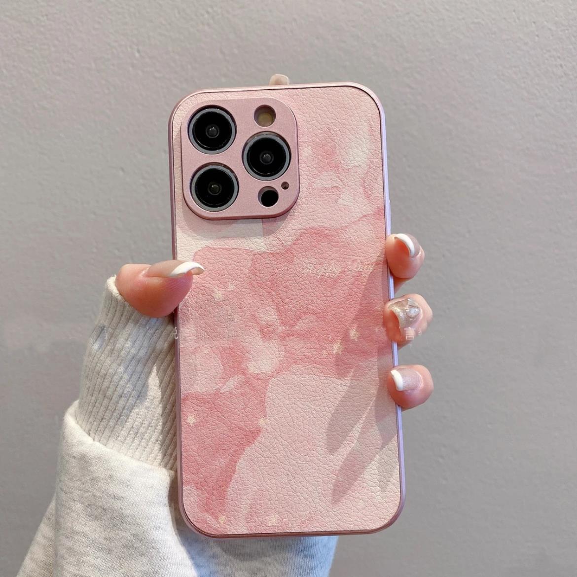 ins水墨画渐变粉金属漆小羊皮适用苹果15promax手机壳xr新款网红iPhone16外壳硅胶全包防摔ip14/13手机套女