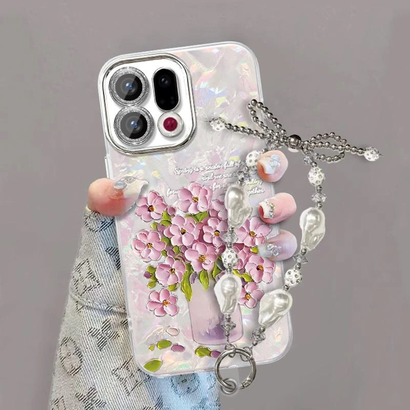 贝壳纹油画粉蓝碎花适用oppofindx9pro手机壳新款高级感findx8网红爆款手机壳findx7好看的防摔外壳保护套女