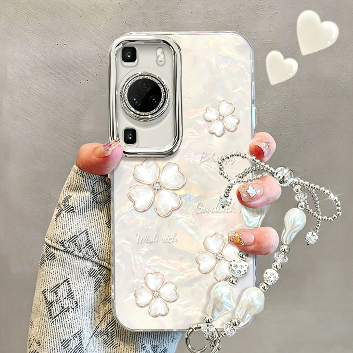 贝壳纹温柔四叶草适用华为p60/p50pro手机壳新款高级感pura70pro网红爆款手机壳pura80pro防摔外壳保护套女生