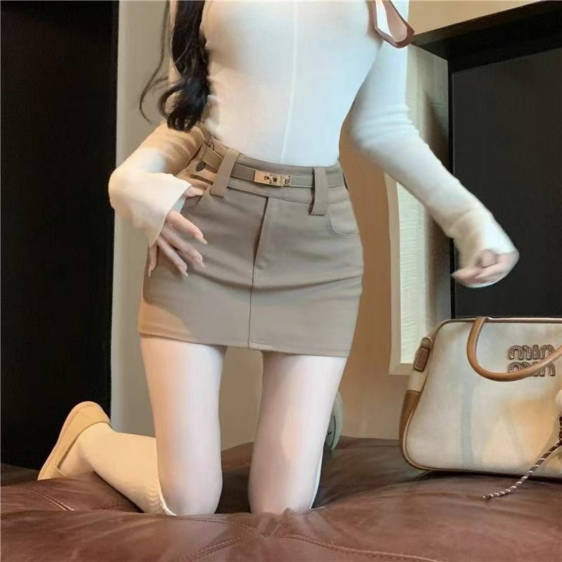 美式复古卡其色紧身半身裙女秋冬季显瘦高腰包臀短裙打底a字裙ins