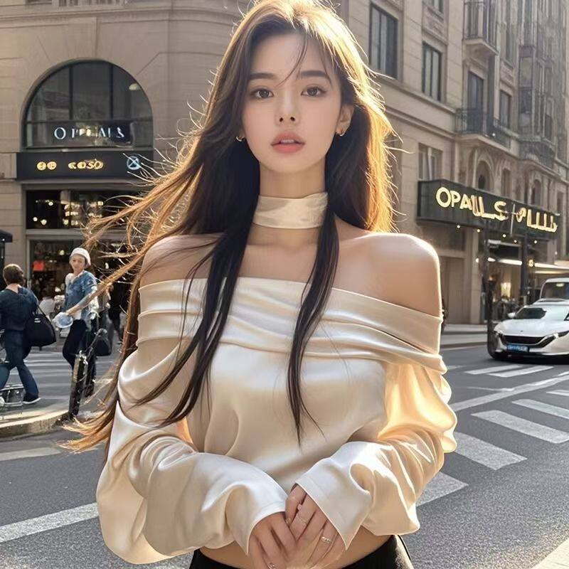 一字领性感长袖露肩衬衣女2025新款法式御姐修身百搭短上衣送脖圈