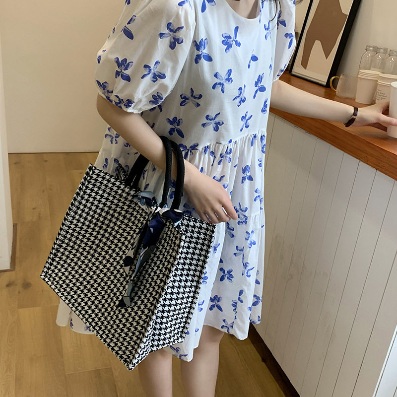 大容量千鸟格帆布包包女学生上课单肩托特包休闲百搭手提购物袋