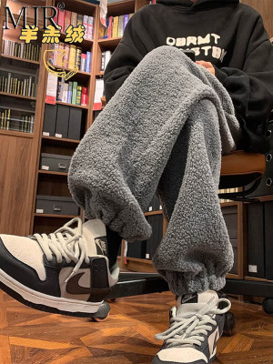 摇粒绒裤子男冬季外穿棉裤加绒加厚潮牌束脚卫裤男款运动休闲长裤