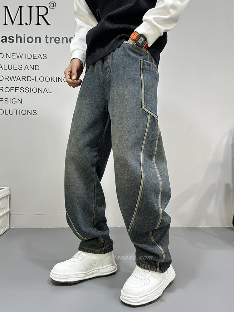 潮牌美式覆古直筒牛仔裤男士2025年秋冬季新款加绒裤子男款弯刀裤