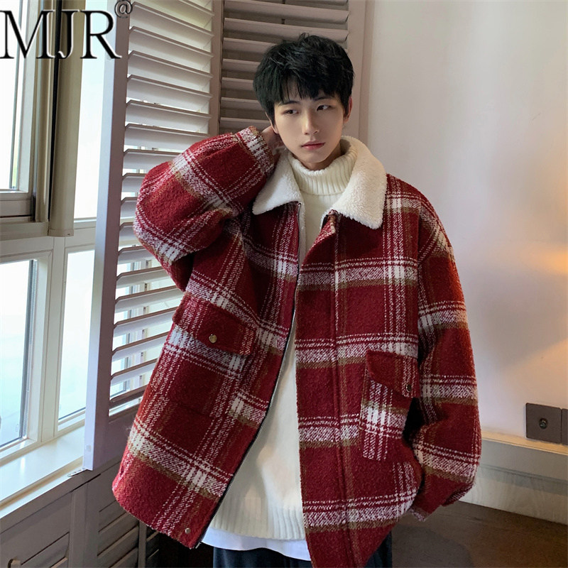 潮牌红色棉服男款格子外套2026年冬季新款加厚保暖宽松翻领夹克男