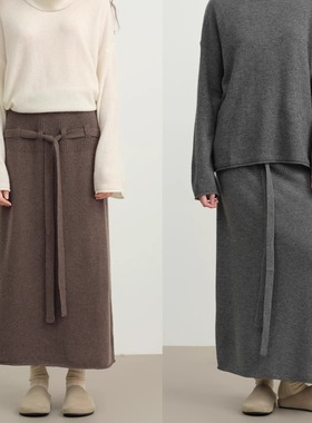 LINE CIEL羊绒羊毛坑条拼接系带半身长裙简约大气百搭时尚舒适