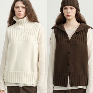 LINE 保暖 CIEL羊绒羊毛正反两穿坑条高领针织马甲背心25秋冬新品